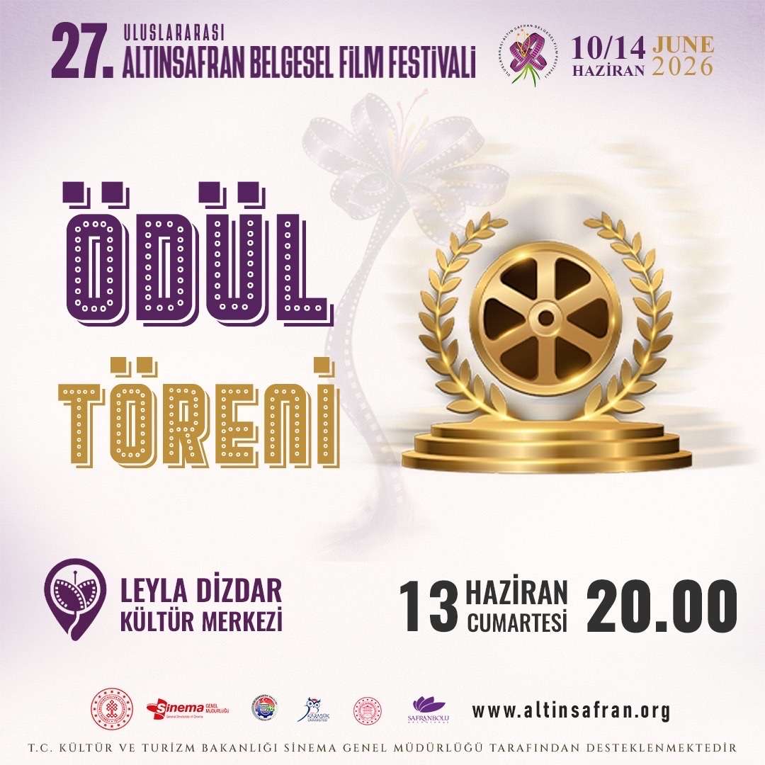 Bugün Ödül Gecesi! 🎬✨
27. Uluslararası Altın Safran Belgesel Film Festivali kapsamında düzenlenecek Ödül Törenimiz, bugün saat 20.00’de Leyla Dizdar Kültür Merkezi’nde gerçekleştiriliyor.
Belgesel sinemanın değerli eserlerinin ödüllendirileceği bu özel gecede, festival heyecanını birlikte paylaşmak üzere tüm hemşerilerimizi aramızda görmekten mutluluk duyarız.