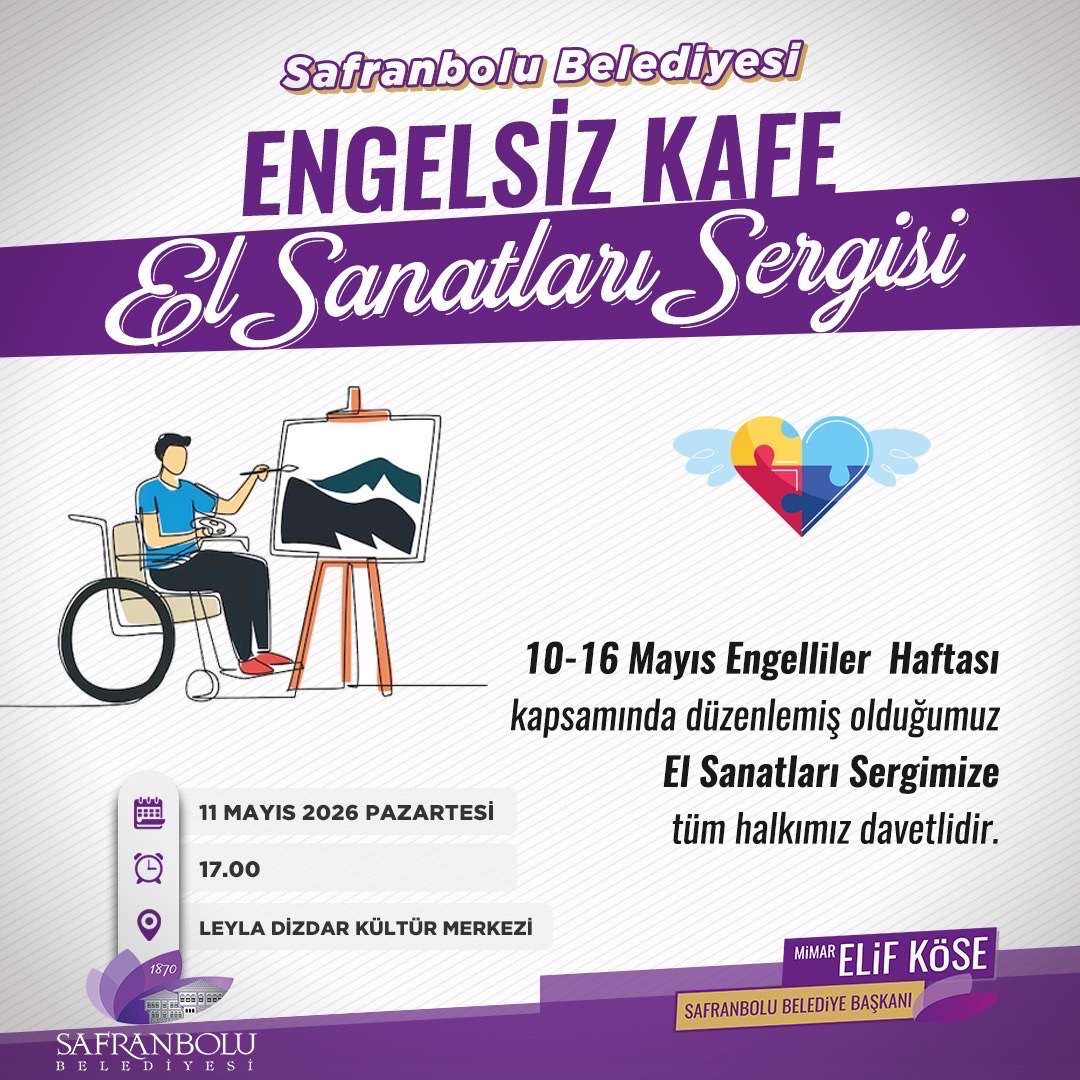 10–16 Mayıs Engelliler Haftası kapsamında, Safranbolu Belediyesi Engelsiz Kafe sakinlerimizin hazırladığı “El Sanatları Sergisi” 11 Mayıs Pazartesi günü saat 17.00’de Leyla Dizdar Kültür Merkezimizde açılıyor.
Sevgi ve umutla hayat bulan eserlerin yer alacağı bu özel sergiye tüm komşularımız davetlidir.