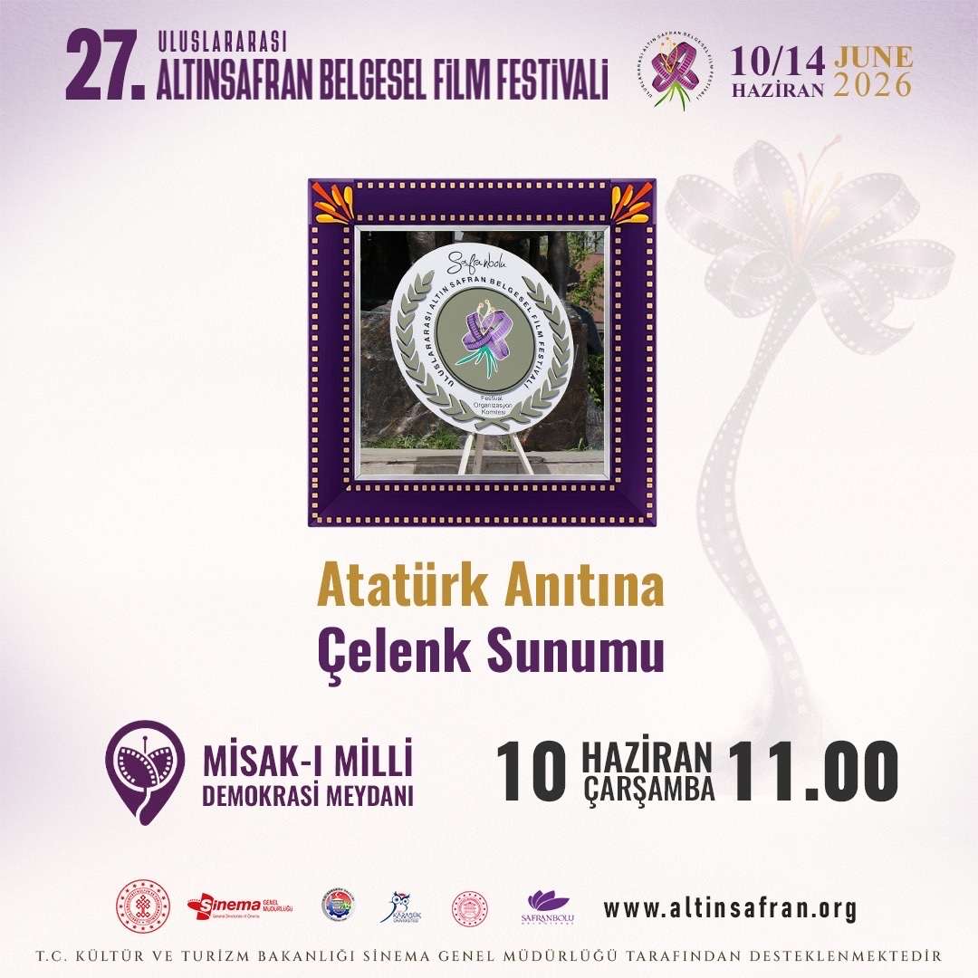 🎬 Safranbolu’nun dünyaya açılan penceresi 27. Uluslararası Altın Safran Belgesel Film Festivali başlıyor!
10–14 Haziran tarihleri arasında Leyla Dizdar Kültür Merkezi’nde gerçekleşecek festivalimiz; belgesel film gösterimleri, atölyeler, söyleşiler ve sergilerle sanat dolu günler sunacak.
Açık hava sineması, kent yürüyüşü, konser ve festival etkinlikleriyle Safranbolu’nun kültür ve sanat atmosferini birlikte yaşayacağımız bu özel buluşmaya tüm sanatseverleri bekliyoruz. 🎥
